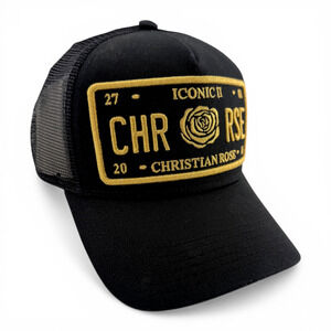 Christian Rose Iconic II London Plate Gold Trucker Mesh Back Adjustable Hat Cap